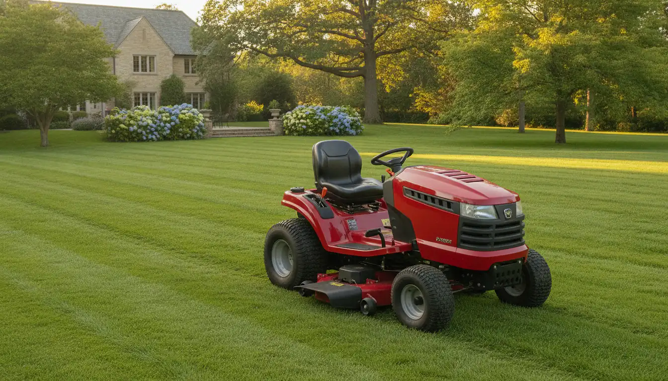 Tracteur tondeuse autoportée qui tond une pelouse de grand jardin