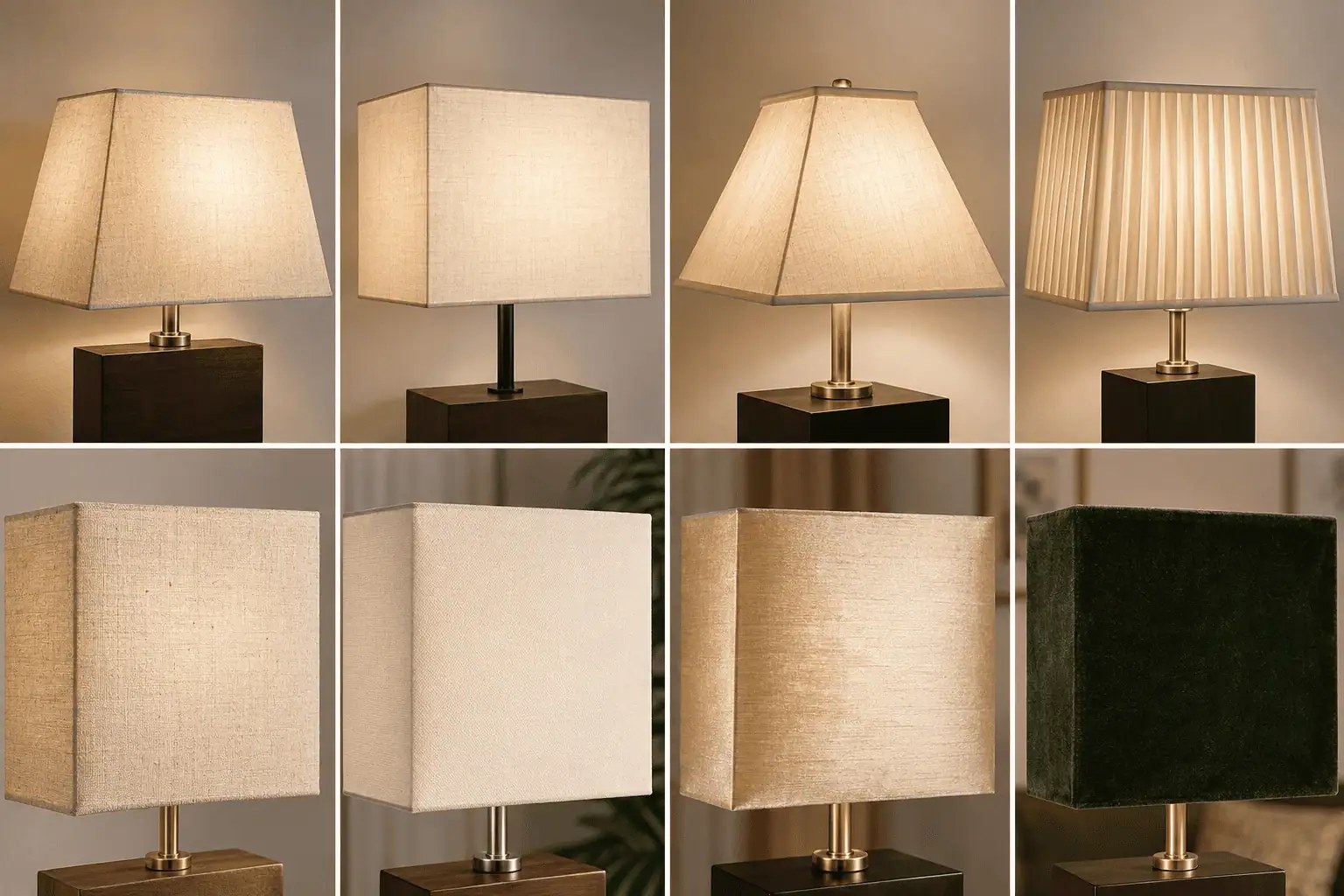Lampe à poser coiffée d'un abat-jour en tissu clair diffusant une lumière chaude