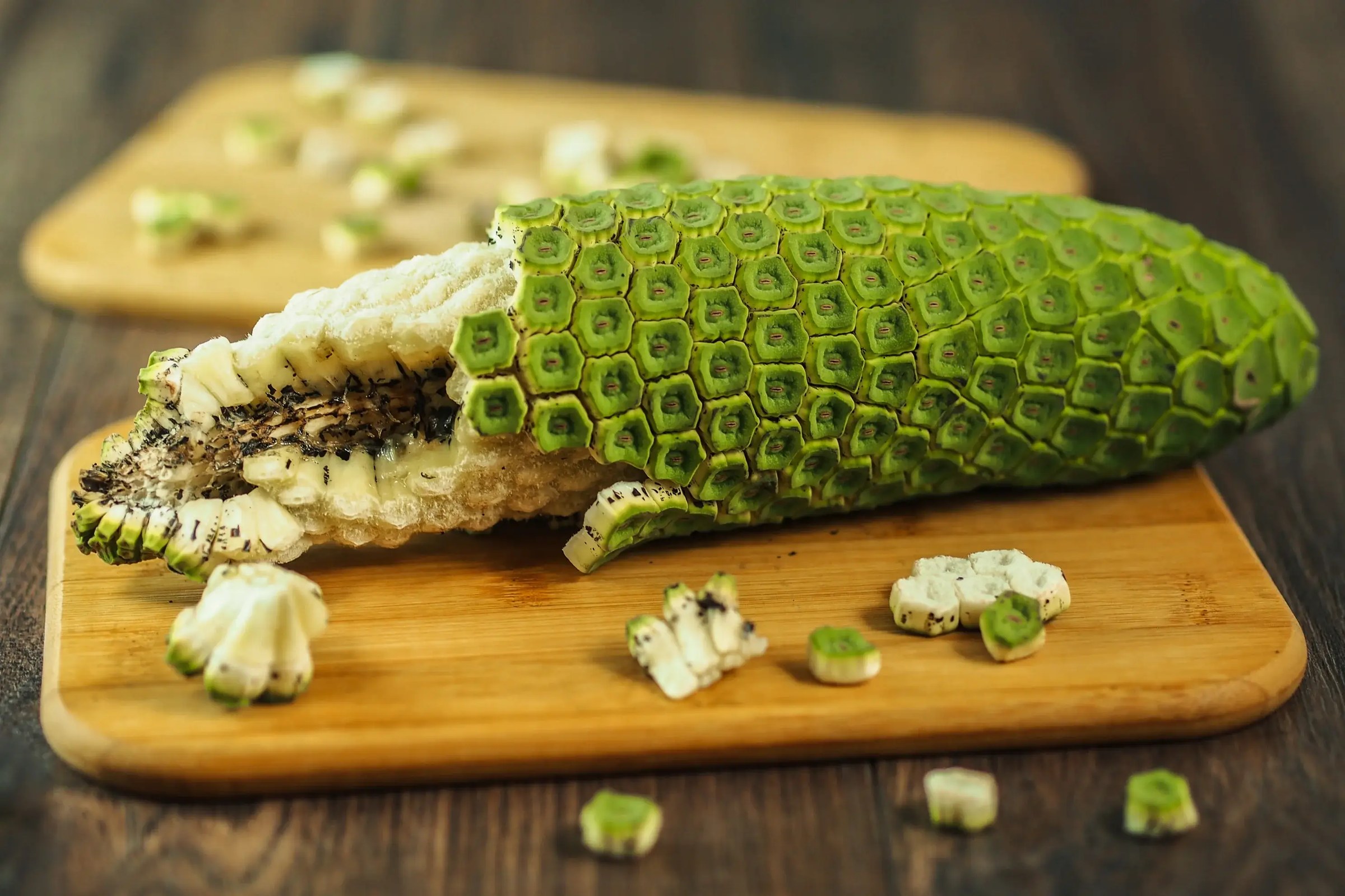 Ceriman plant, Monstera deliciosa avec ses grandes feuilles découpées et un fruit allongé en forme d'épi